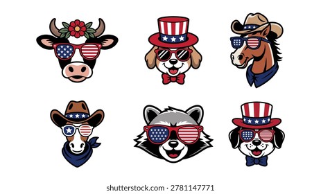 Vector illustration set featuring cow dog horse and raccoon wearing star spangled hats sunglasses and patriotic western gear.