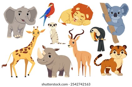 Conjunto de Ilustración vectorial con lindos animales de safari de dibujos animados, incluyendo un elefante, león, jirafa, rinoceronte, koala y más. Ideal para diseños infantiles, materiales educativos y decoración de temática animal