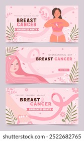 A Vector illustration set featuring designs for breast cancer awareness, including women, pink ribbons, and floral motifs.