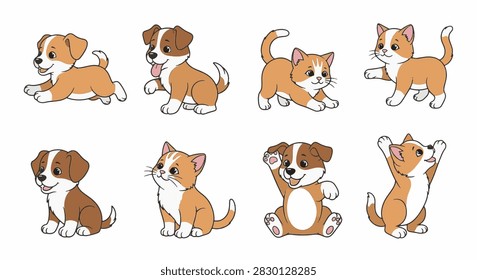 Vector illustration set featuring eight cartoon puppies and kittens in various playful poses such as running, sitting, stretching, and waving, isolated on a white background.