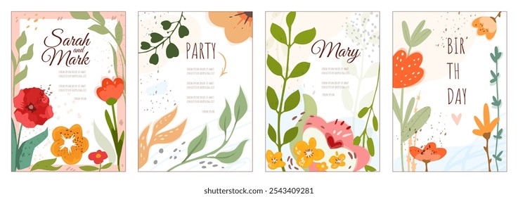 Vector illustration set featuring floral-themed invitation and greeting cards. Designs for weddings, parties, birthdays, greetings. Soft colors, nature-inspired elements, warm, inviting look