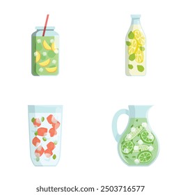 Vector illustration set featuring four summer drink containers with fruity contents