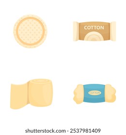 Vector illustration set featuring four cotton product icons, ideal for healthcare and cosmetics