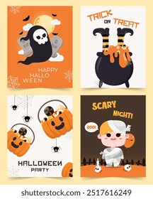Vector illustration set featuring Halloween designs with characters, pumpkins, a cauldron, and festive elements for seasonal celebrations and events.