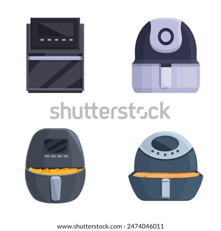 Vector illustration set featuring icons of a dishwasher, rice cooker, and two air fryers