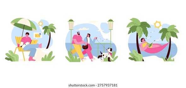 Vector illustration set featuring leisure activities in a tropical setting. Includes relaxing on a hammock with a book, using a tablet under a beach umbrella, and walking a dog by the sea.