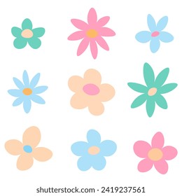 A vector illustration set featuring nine simplistic flowers in soft pastel colors, each bloom presenting a unique combination of petals and cheerful hues