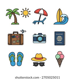 um conjunto de ilustração vetorial com nove ícones coloridos relacionados a férias de verão e viagens.