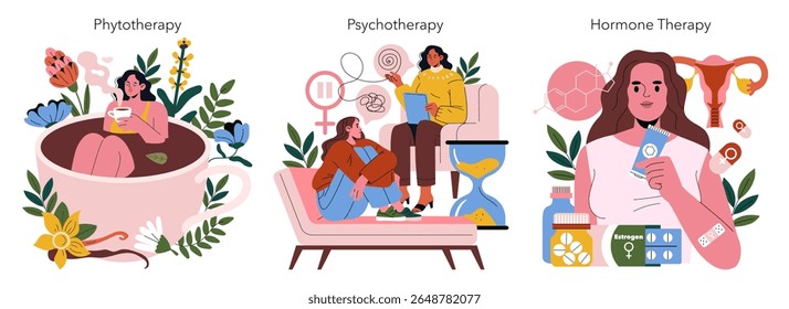 Vector illustration set featuring phytotherapy, psychotherapy, and hormone therapy concepts. Each scene shows individuals engaging in therapeutic activities, emphasizing self-care and wellbeing.