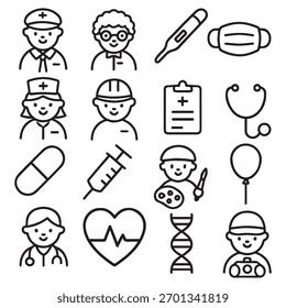 A vector illustration set featuring simple line icons for various professions and healthcare items such as a doctor, nurse, pill, and DNA strand.