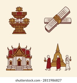 Vector illustration set featuring a Thai temple, monks walking to a stupa, lotus fountain, and ancient scroll.
