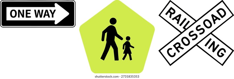 Vector illustration set featuring three common regulatory signs: One Way directional sign, a school zone or pedestrian crossing warning sign, and a Railroad Crossing signal. Useful for graphic design, safety manuals, transportation projects, and educational materials.