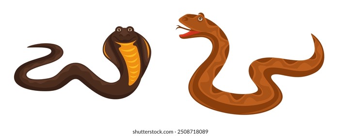 Um conjunto de ilustrações vetoriais com duas espécies diferentes de cobras, incluindo uma cobra, isolada sobre um fundo branco. Perfeito para materiais educacionais ou projetos de natureza temática.