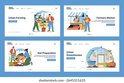 Vector illustration set featuring urban farming activities and a farmers market. Scenes include planting, soil preparation, market selling, and greenhouse farming with engaging characters.