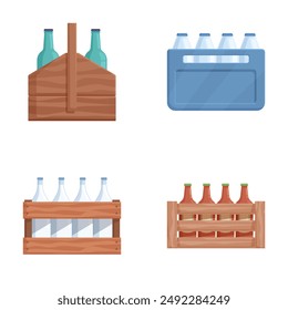 Vector illustration set featuring various styles of bottle crates and beverage packaging