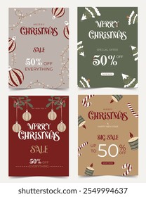 A Vector illustration set featuring various Christmas sale designs with ornaments, trees, lights, mistletoe, candy canes, and candles, each offering up to 50 present discount