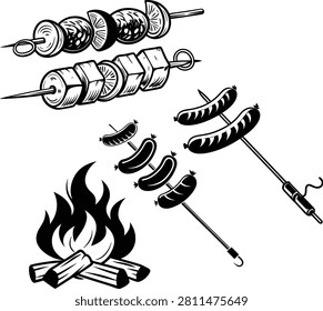 Vector illustration set featuring various grilled foods on skewers, including meat, vegetables, and sausages, along with a campfire, isolated on white.