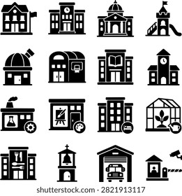 Vector illustration set featuring various architectural building icons including school university library greenhouse stadium church bank facility.