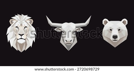 Vector illustration set featuring a white lion, bull, and polar bear head crafted in a modern geometric low poly art style isolated against a dark background