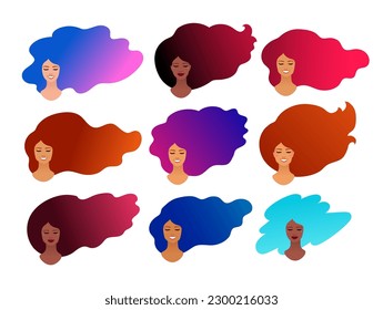 Vector illustration set of female avatars with smile and vibrant hair isolated on white background.