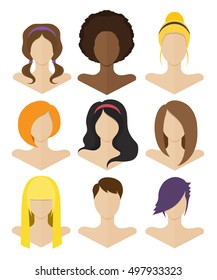 Vector illustration. Set of female busts with hairstyles of various styles in a flat design