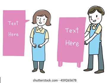 vector illustration - set of female caregiver and male caregiver with word balloon and sign board. 