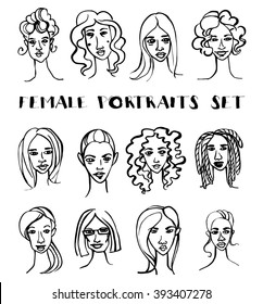 Vector illustration Set of female doodle hand drawn portraits. Black and white