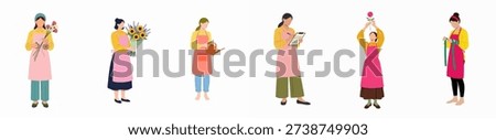 Vector illustration set of female florists and gardeners arranging flowers, watering, and taking inventory, showcasing small business floral work.