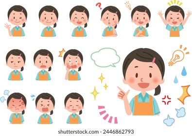 Vector illustration set of female helper facial expressions.