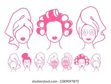 Vector illustration set of female portraits with facial masks wrapped with hair towel in pink color