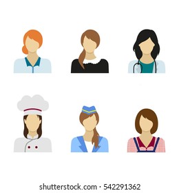 Vector illustration of set of female professions
The company of characters in flat style. Female professions. Businesswoman, waitress, doctor, cook, stewardess, gardener
