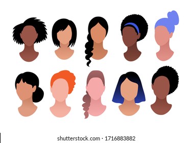 Vector illustration set of female profile pictures faceless avatars isolated on white background.