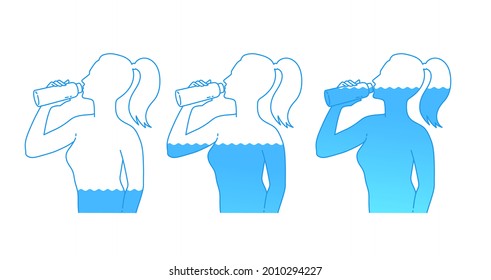 Vector illustration set of female silhouette drinking water. Isolated on white background.