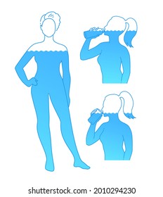 Vector illustration set of female silhouette drinking water. Isolated on white background.
