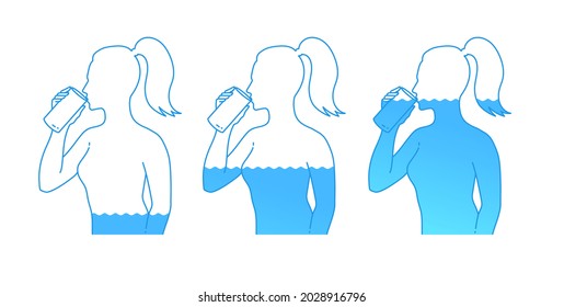 Ilustración vectorial de siluetas hembras bebiendo agua con vidrio. Aislado sobre fondo blanco.