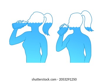 Vector illustration set of female silhouettes drinking water with glass. Isolated on white background.