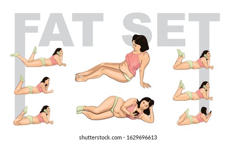 Vector illustration of a set of female waist. Isolated white background. Flat style. Front, side and rear view. Flabby fat belly and ass.
