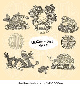 Vector illustration set with Feng Shui motives. Dragon, frog, fish and money tree