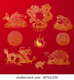 Vector illustration set with Feng Shui motives. Dragon, frog, fish and money tree