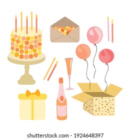 Vector illustration set of festive birthday elements, isolated on white background