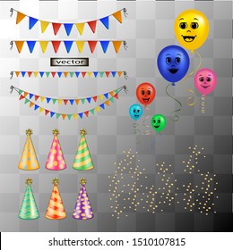 Vector illustration set festive decoration for flags garlands, caps caps, balloons, glitter confetti