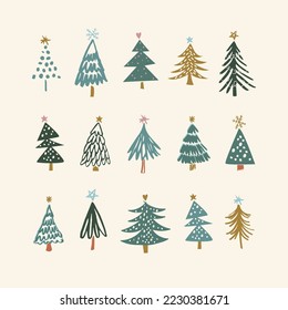 Vector illustration. Set of festive trees isolated on background. Placement print or elements for patterns, gift wear, Christmas products, greetings cards, wrap, table wear, stationery etc. 