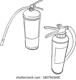 Vector illustration of a set of fire extinguishers. Illustration set fire special equipment for printing on clothes, logos, prints, cards, wrapping paper, icon
