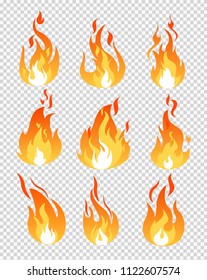 Vector illustration set of fire flames icons different shapes on the transparent background in flat cartoon style.