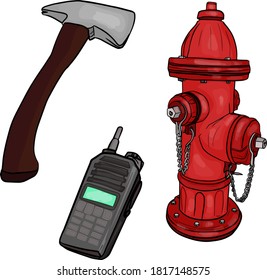 Vector illustration set fire hydrant, ax, walkie-talkie. Illustration of firefighters tools for printing on clothes, logos, prints, cards, wrapping paper, icon