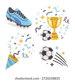 Ilustração vetorial de um foguete, bola de futebol, taça de troféu, bota. Design plano sem contornos, elemento de celebração brilhante para feriados, festivais, festas, eventos, fogos de artifício e decoração festiva futebol temático designs