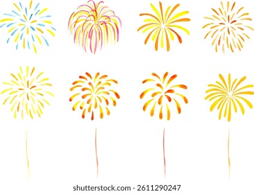 Conjunto de Ilustración vectorial de fuegos artificiales pintados en acuarela