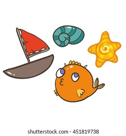 vector illustration set with fish boat shell star