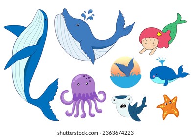 Vector illustration set of fish in the ocean, showing the diversity of fish in the marine ecosystem. Each fish has a different color and shape, reflecting the beauty and diversity of marine life.