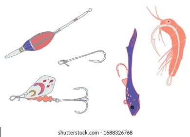 Vector illustration of a set of a fishing tackle. Doodle of hooks rounded hooks, shovel-shaped hooks, single and triple hooks, for printing on clothe, beds, prints, designs, fishing